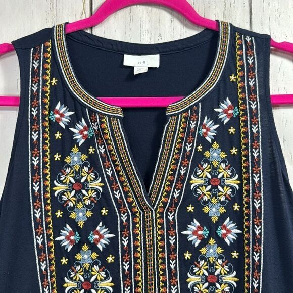 J Jill Navy Blue Embroidered Boho Sleeveless Cotton Blend Summer Casual Top - Picture 8 of 13